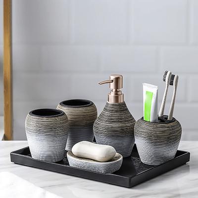 Ensemble d'accessoires de salle de bain en céramique, 5 pièces Distributeur de savon avec plateau, Porte-brosse à dents, Porte-savon, Organisateur de coiffeuse, Décoration de salle de bain