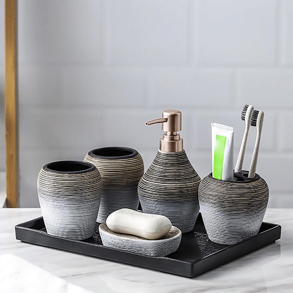Ceramic Bathroom Accessory Set, 5pcs Soap Dispenser with Tray, Toothbrush Holder, Soap Dish, Vanity Organizer, Bathroom Decor