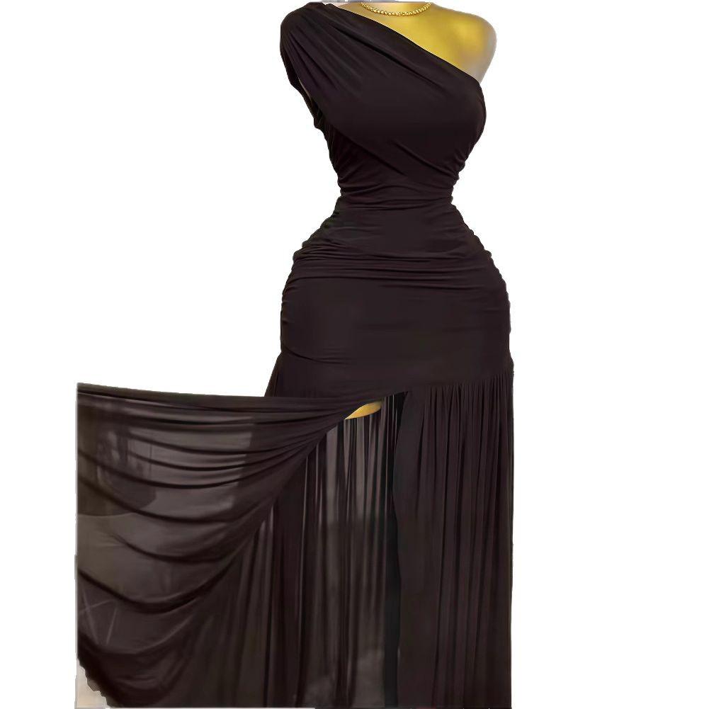 2025 Frühling Damen Einfarbig Ärmellos Asymmetrisch Gereiht Langes Kleid