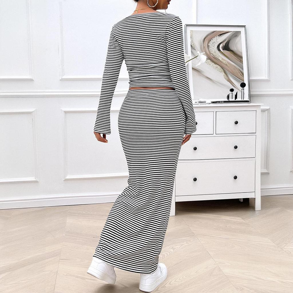 Womens Two Piece Sets Sexy Elegant Striped Knitted Long Sleeved Crop Top and Long Skirt Set New Fashion Casual Sets