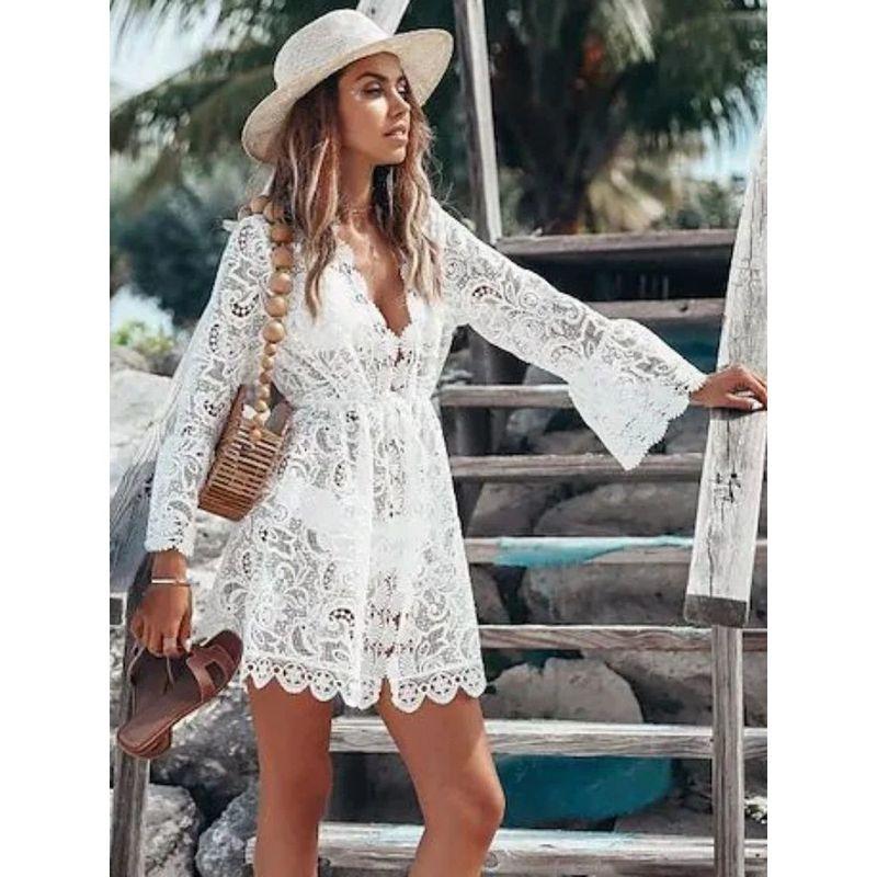 

V-neck Sunscreen Lace Beach Skirt V Neck Sun Protection Bikini Blouse Lace Skirt WHITE XL
