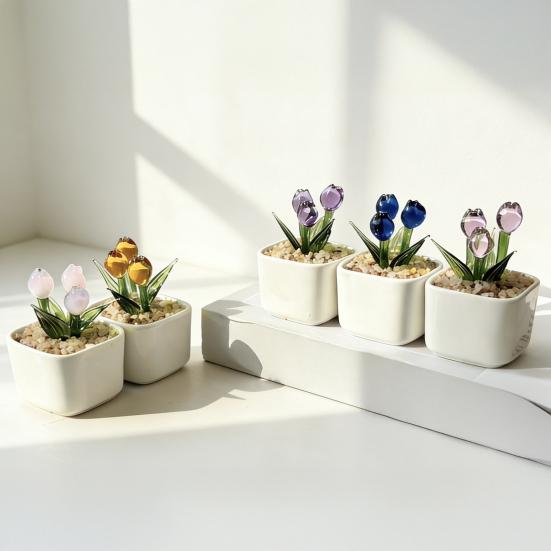 Mini skleněná figurka tulipánu Ručně foukaná miniaturní květina z umělého křišťálu v květináči pro ženy, maminku, svatbu, Den matek, kancelář, domov, středový díl stolu