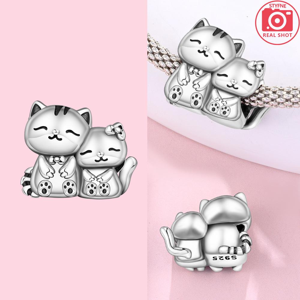 Original 925 Silver Black Cat Moon Cat Paw Pendant Charms Bead Fit Bracelet Women Jewelry Diy Anniversary Gift Accessories