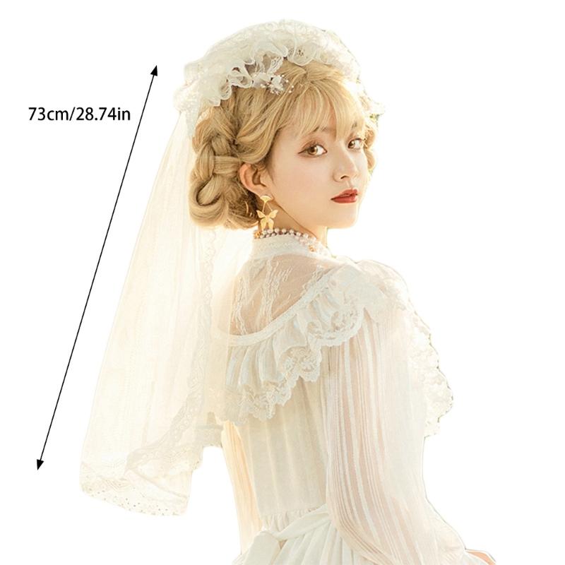 Vintage Brides Lace Veil Headdress Black White Lolita Veil for Outdoor Occasions