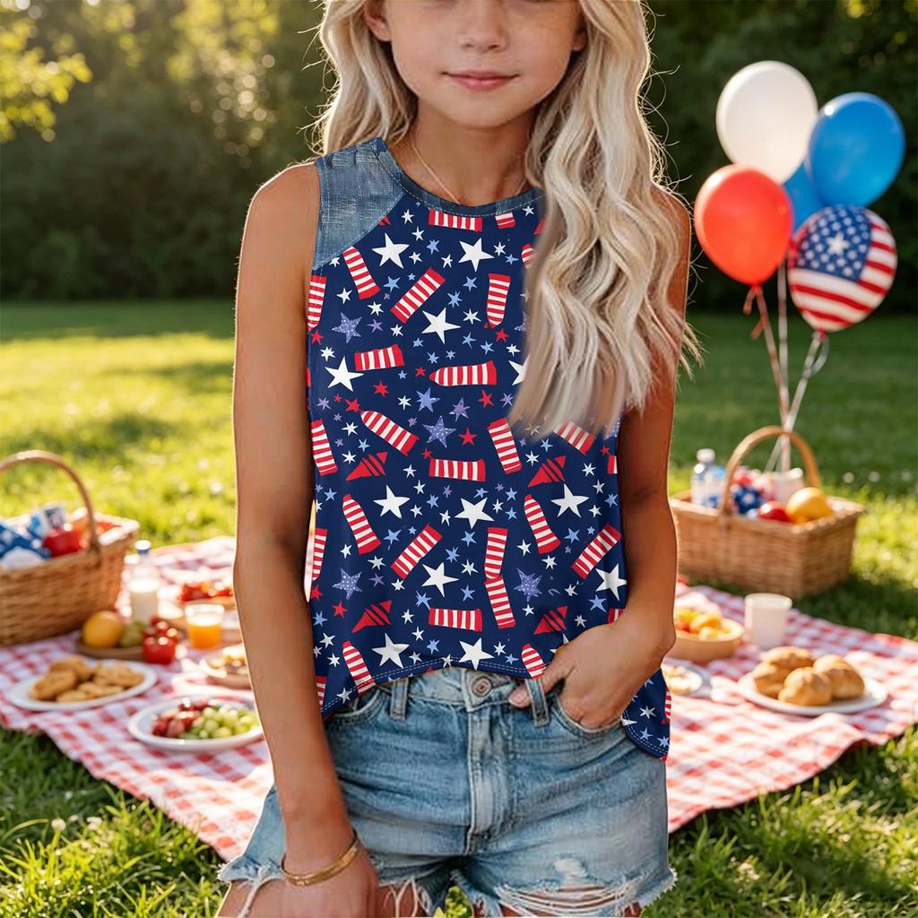 Sleeveless Loose Fit Tank Top Independence Day Star Print Denim Patch Round Neck T Shirt for Women Casual Summer Wear