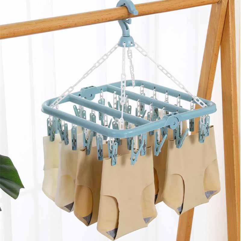 32 Clips Folding Clothes Hanger Dryer Windproof Pants Socks Underwear Plastic Drying Laundry Rack Home Household Accessory