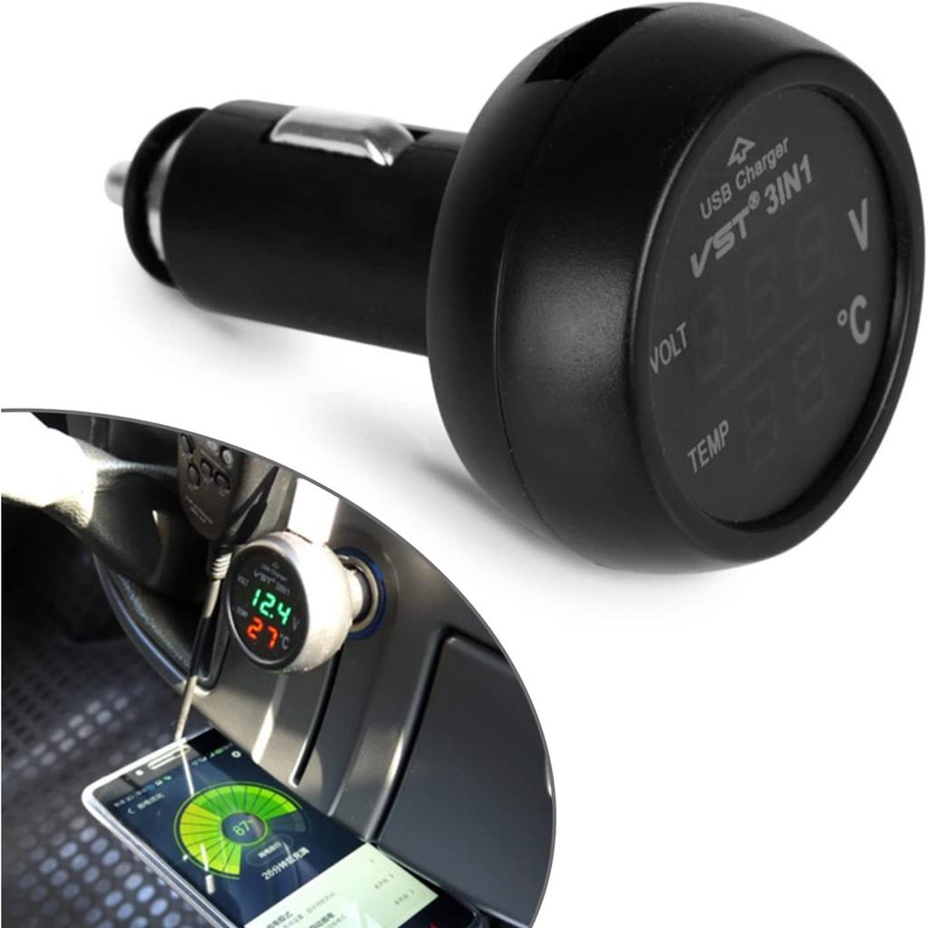 Car Cigarette Lighter Socket Car Voltmeter 3-in-1 12-24V Voltmeter Thermometer USB Car Charger for Car Truck