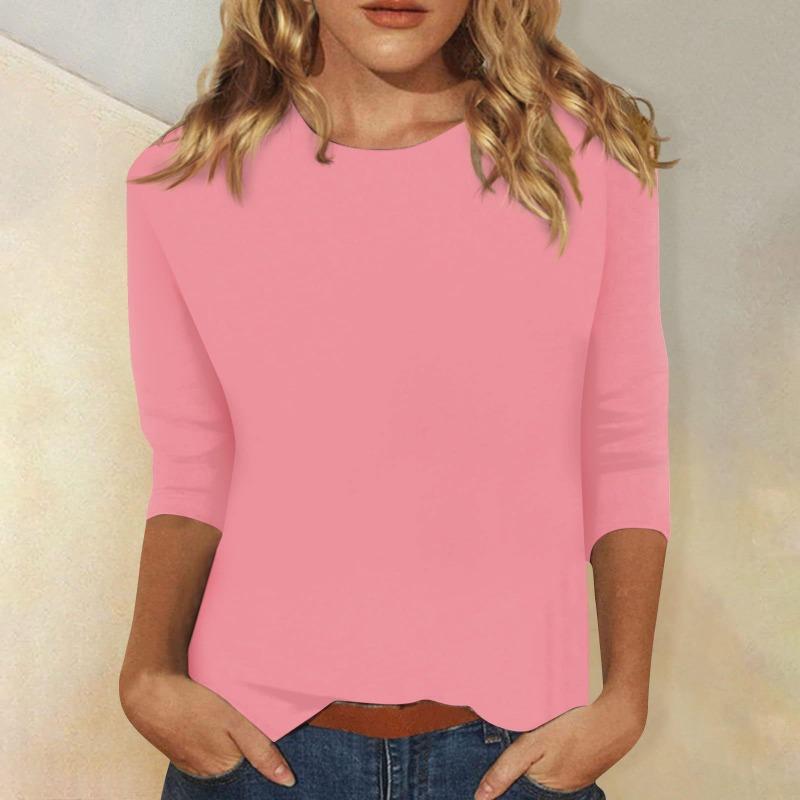 T-shirt uni à col rond et manches 3/4 pour femme - Haut décontracté à coupe ample