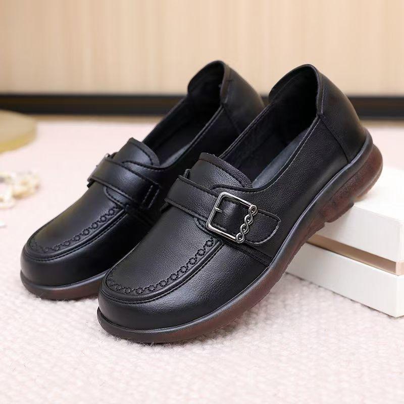

Women Leather Shallow Flat Sole Casual Shoes Spring Autumn New Soft Sole Round Toe Slip On Waterproof Non Slip Light Work Shoes 35 чорний
