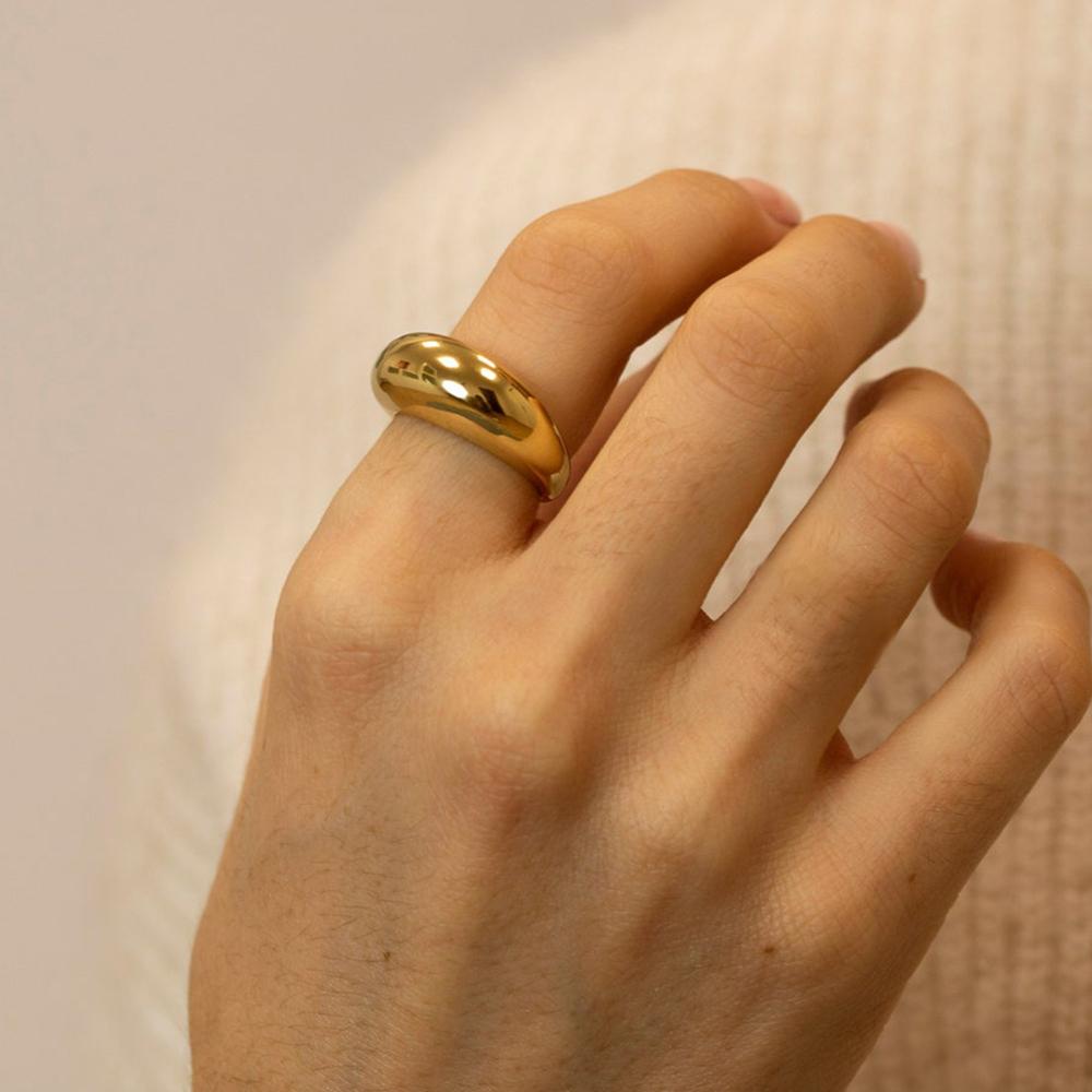 Minimalist 18K Gold Plated Stainless Steel Chunky Dome Ring for Women, Sizes 5 6 7 8, Waterproof Non Tarnish Statement Jewelry