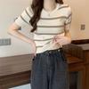 Striped Knitted Short-sleeved Shirt Women's Summer New Design Sense Niche Slim-fitting and Thin Shoulder Short Top
