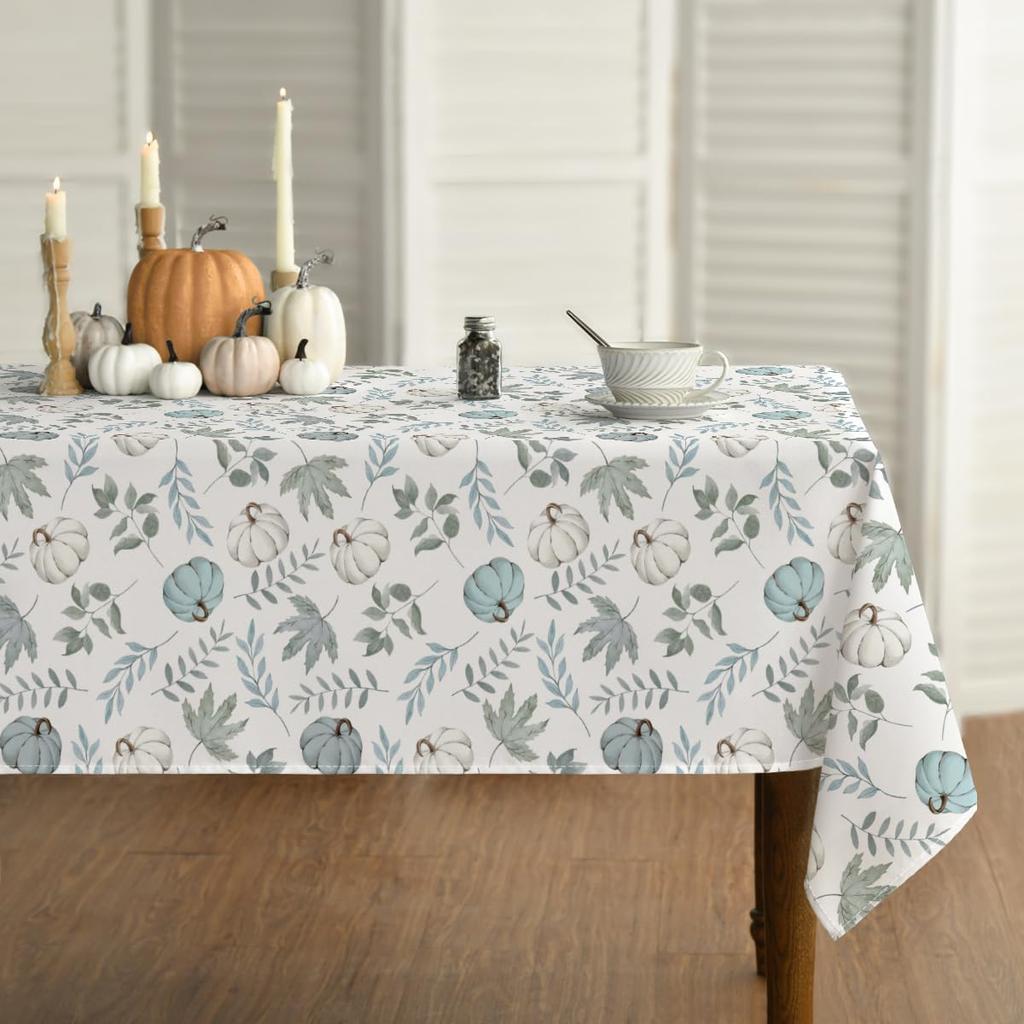 Fall Blue Pumpkins Leaves Waterproof Tablecloths Thanksgiving Party Decor Autumn Harvest Polyester Table Cloth For Table Decor