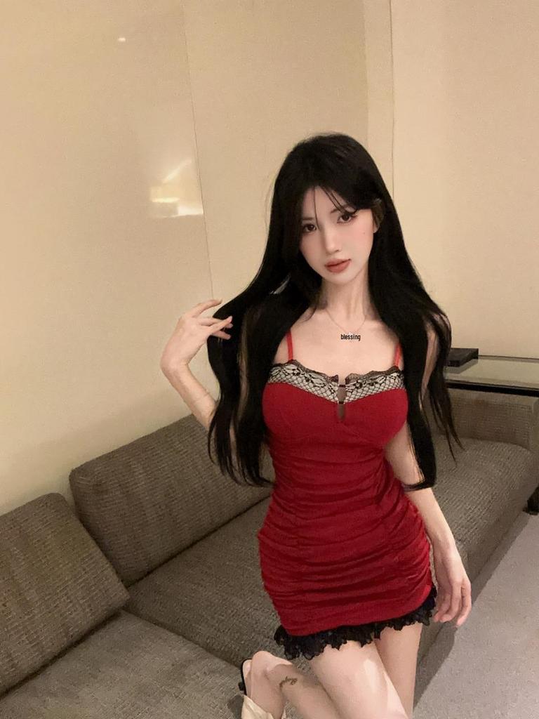 Chic Cotton Lace Patchwork Bodycon Camisole Dress for Women - Nightclub Style Hip-hugging Skirt