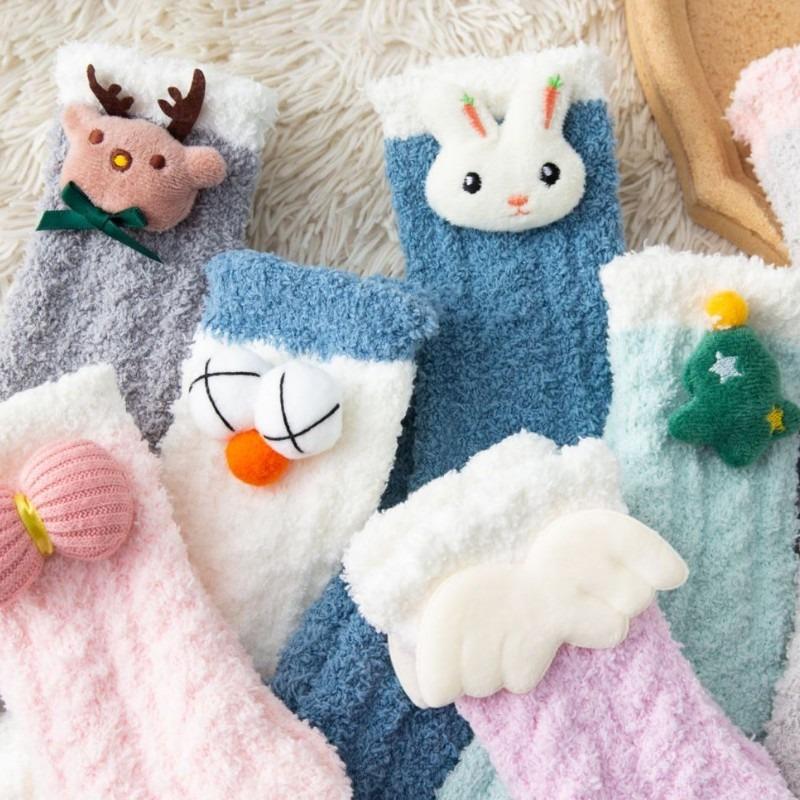 Autumn and Winter New Women's Medium Tube Cartoon Animal Three-dimensional Coral Fleece Socks Doll Women's Socks Floor Socks Home Sleep Socks Women
