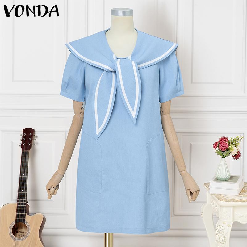 

VONDA Летнее женское повседневное мини-платье свободного кроя с короткими рукавами и матросским воротником 3XL светло-синий