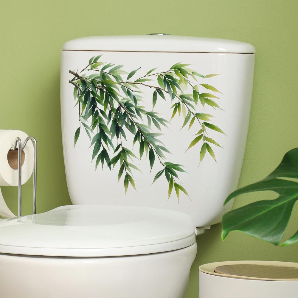 1pc Bamboo Leaves Toilet Lid Decal, Green Plant Bathroom Sticker, Plastic Home Wall Decor, Festive Christmas Decoration Gift