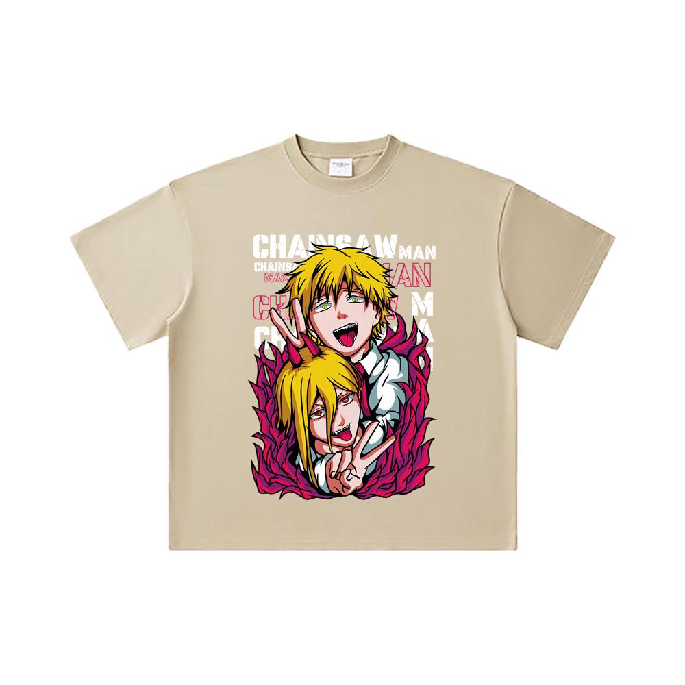 260 GSM Double Yarn 32 Count 100% Cotton Chainsaw Man V39 Denji Power Print Unisex Heavy Cotton T Shirt