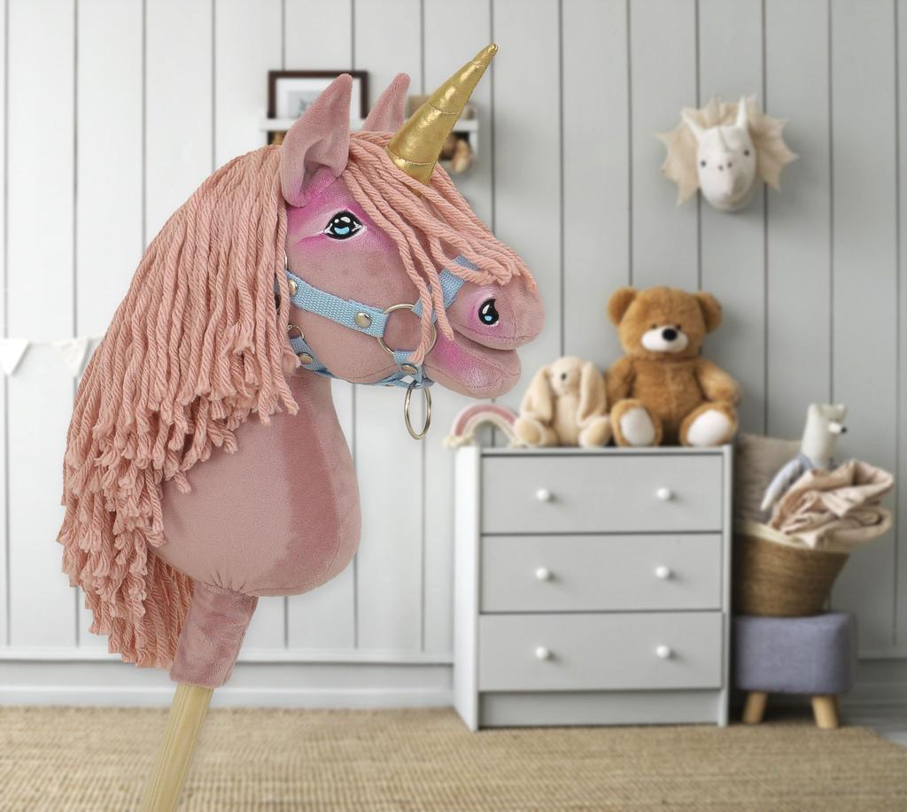 Hobby Horse Unicorn On a Stick, Small, Dusty Pink with Pink Mane and Gold Horn