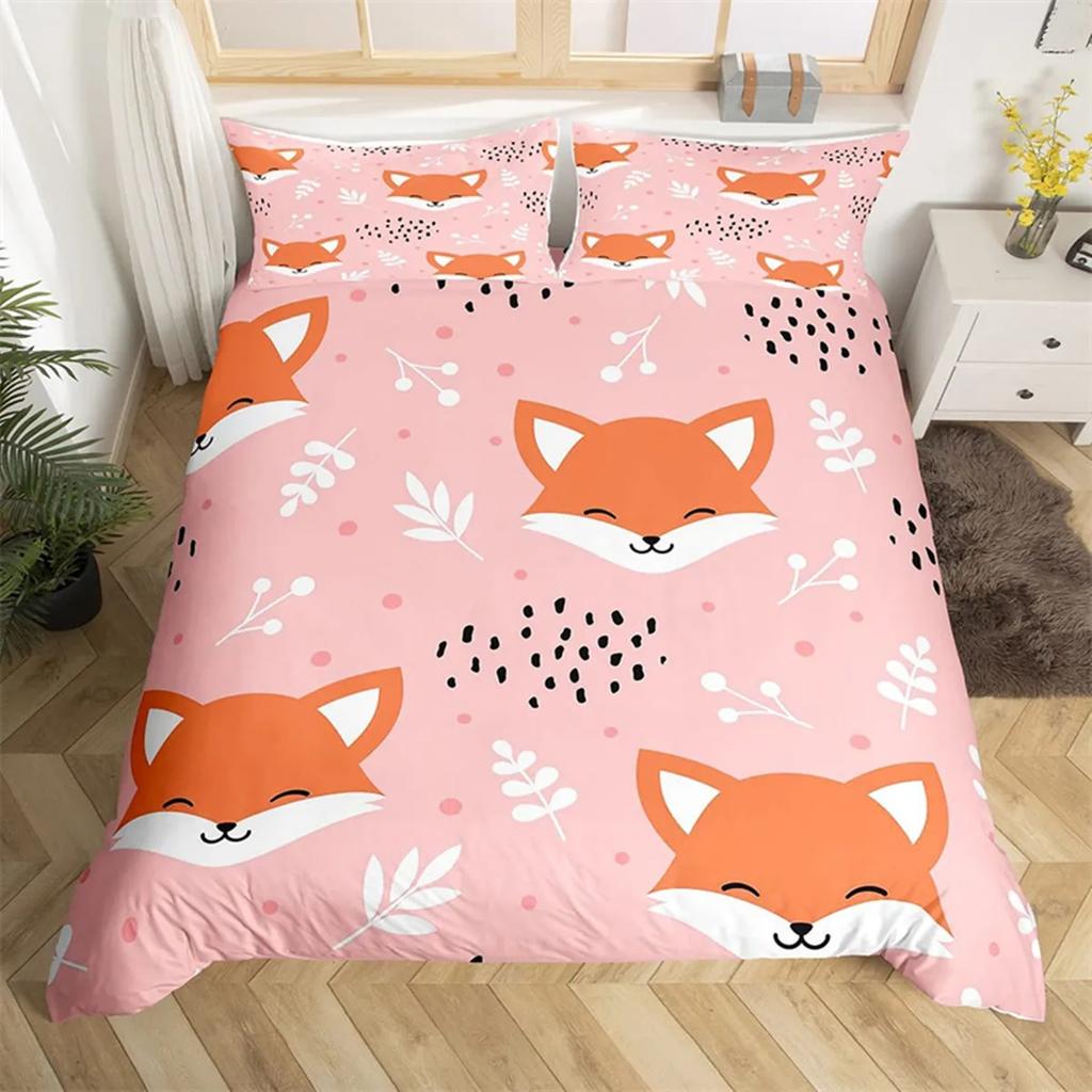 Tecknad Räv Påslakan Kawaii Djur Höstlöv Lönnlöv Tema Skogsdjur för Barn Kvinnor Flickor Sovrumsinredning