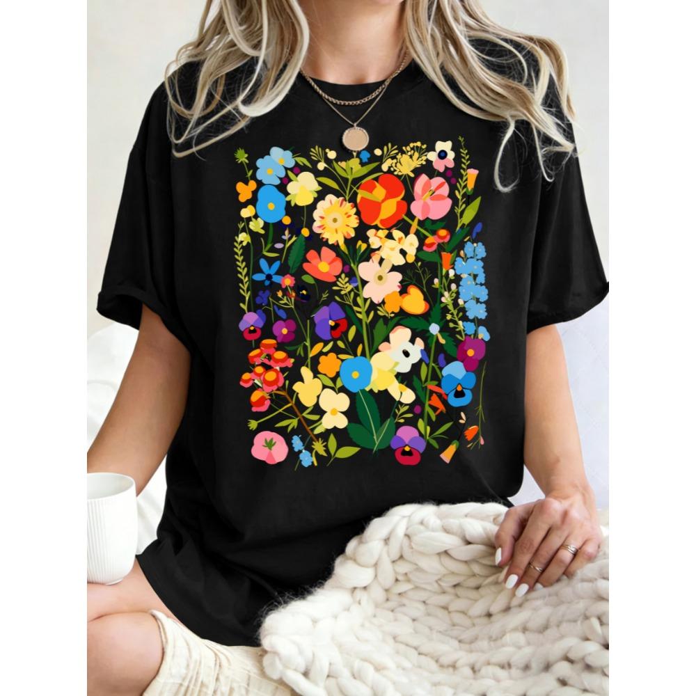 Bohemian Colorful Flowers Design Women T-Shirt Casual Y2K Short Sleeves All-Match Cotton T Shirt Oversized Summer