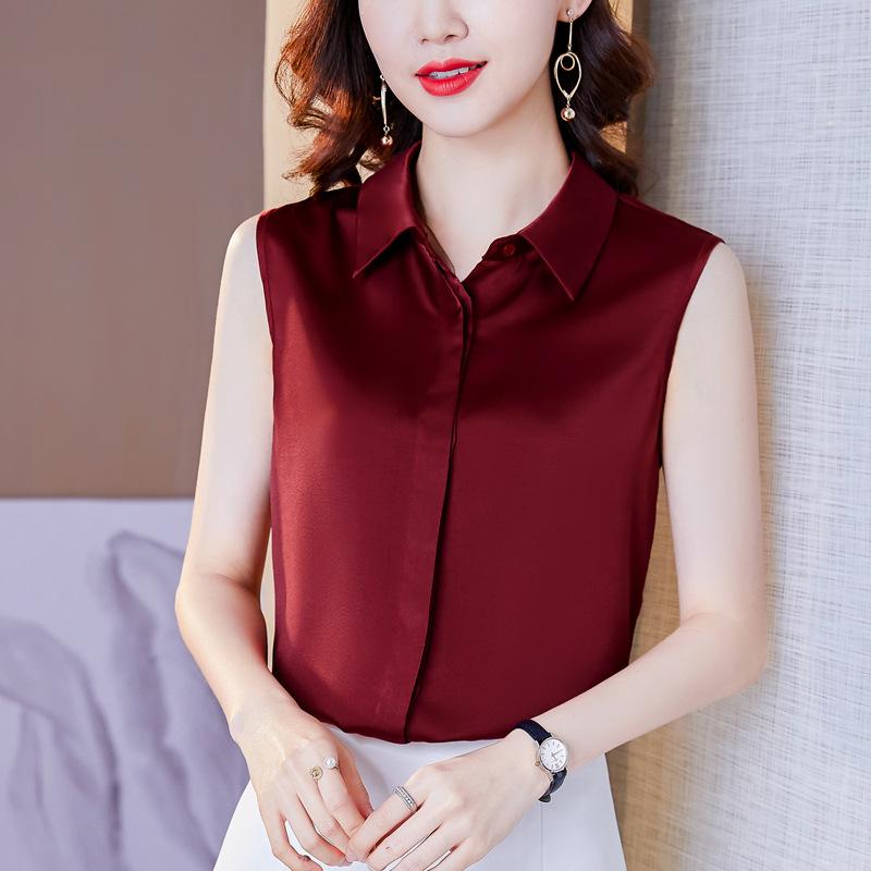 Elegant Ladies Shirts Temperament Commuter Career Satin Blouse Women Undershirt Shirt Sleeveless Loose Lapel White Blouse