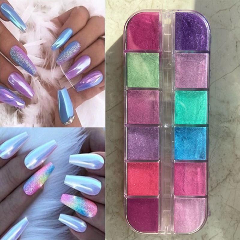12 Grids/Box Nail Glitter Colorful Mirror Effect Shimmer Mermaid Pearl Powder Chrome Pigment Dust Fine Glitter Polish Nail Decor