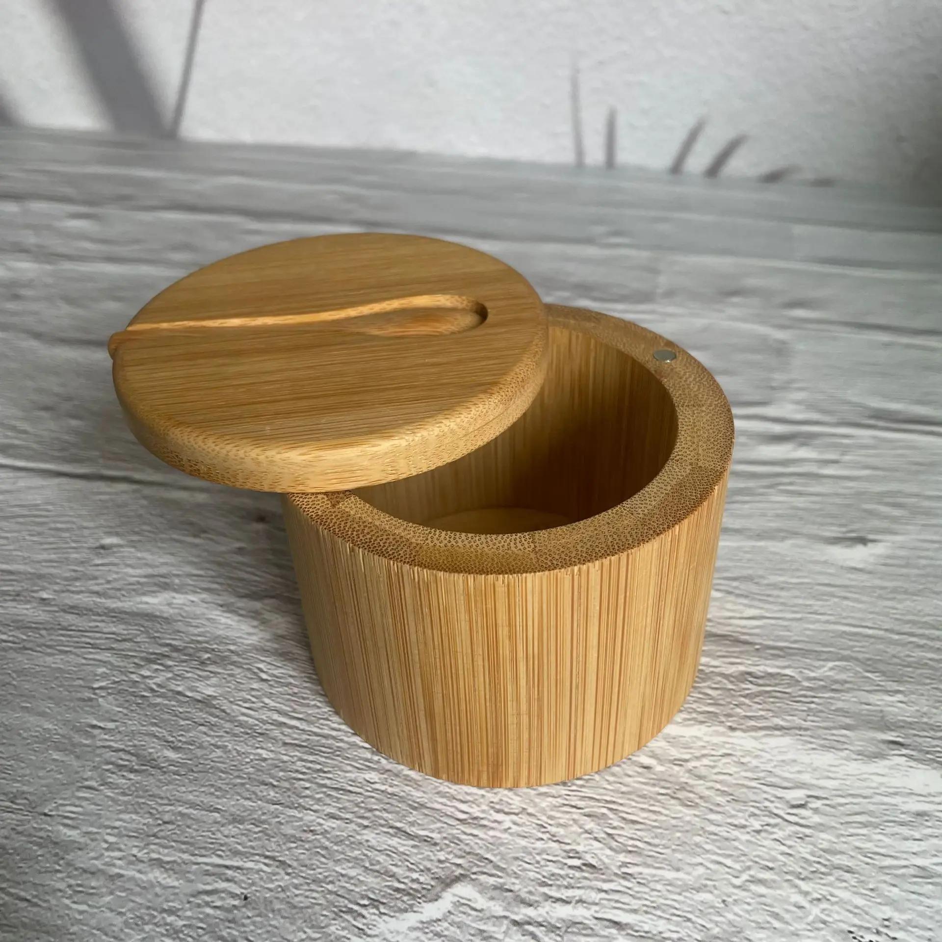 

Бамбуковый контейнер для соли, ложка, банка для приправ с поворотной магнитной крышкой для сохранения сухости при хранении, держатель для перца и специй