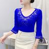 Summer Streetwear Women's Tops Shirt Elegant Slim V-Neck Hot Diamonds Mesh T-Shirt Flare Sleeve Slim Tees