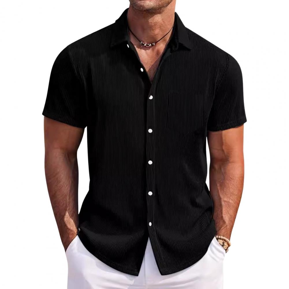 Summer Men Shirt Turn-down Collar Single-breasted Loose Plus Size Mid Length Solid Color Chest Pocket Short Sleeves Streetwear D
