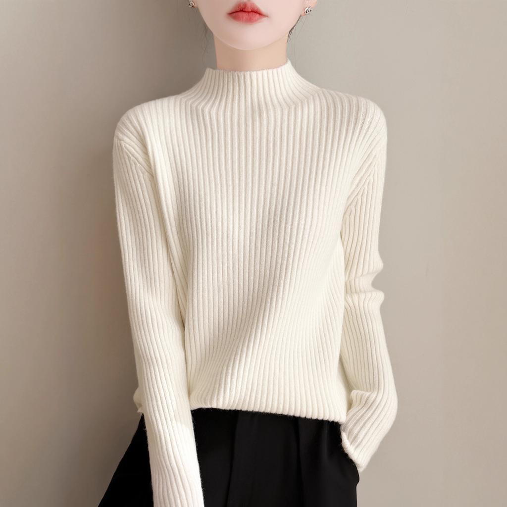 A New Type of Women's Autumn and Winter Knitted Sweater Top with A Semi-high Neck and A Striped Base Layer