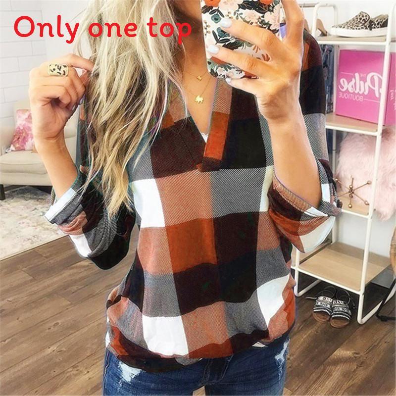 Casual Cotton Blend Plaid Shirt With Printed Vneck For Womens Office Wear