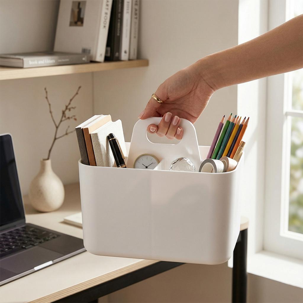 3-Compartment Desktop Storage Box with Handle, Portable Makeup Caddy Organizer for Countertop Skincare, Office Stationery Bin