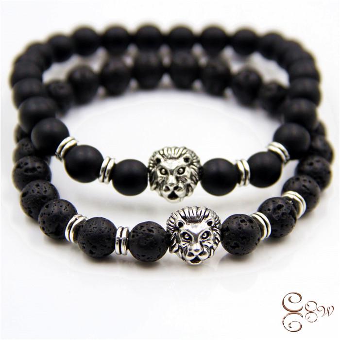 Retro Frosted Volcanic Stone Lion & Leopard Head Bracelet