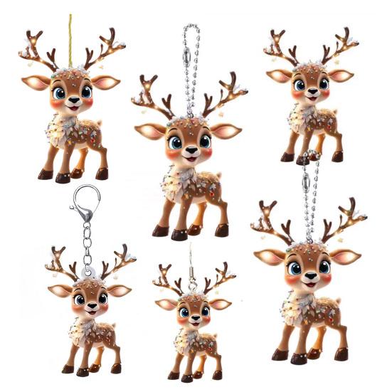 2D Flat Acrylic Elk Pendant Cartoon Deer Car Rearview Mirror Charm Christmas Tree Hanging Decoration for Auto Interior Accessories Holiday Window Wall
