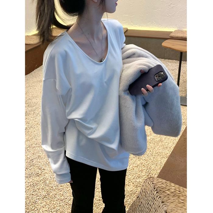 Women's White V-Neck Long Sleeve Loose Fit Mid-Length Shirt - Autumn Winter Layering Top