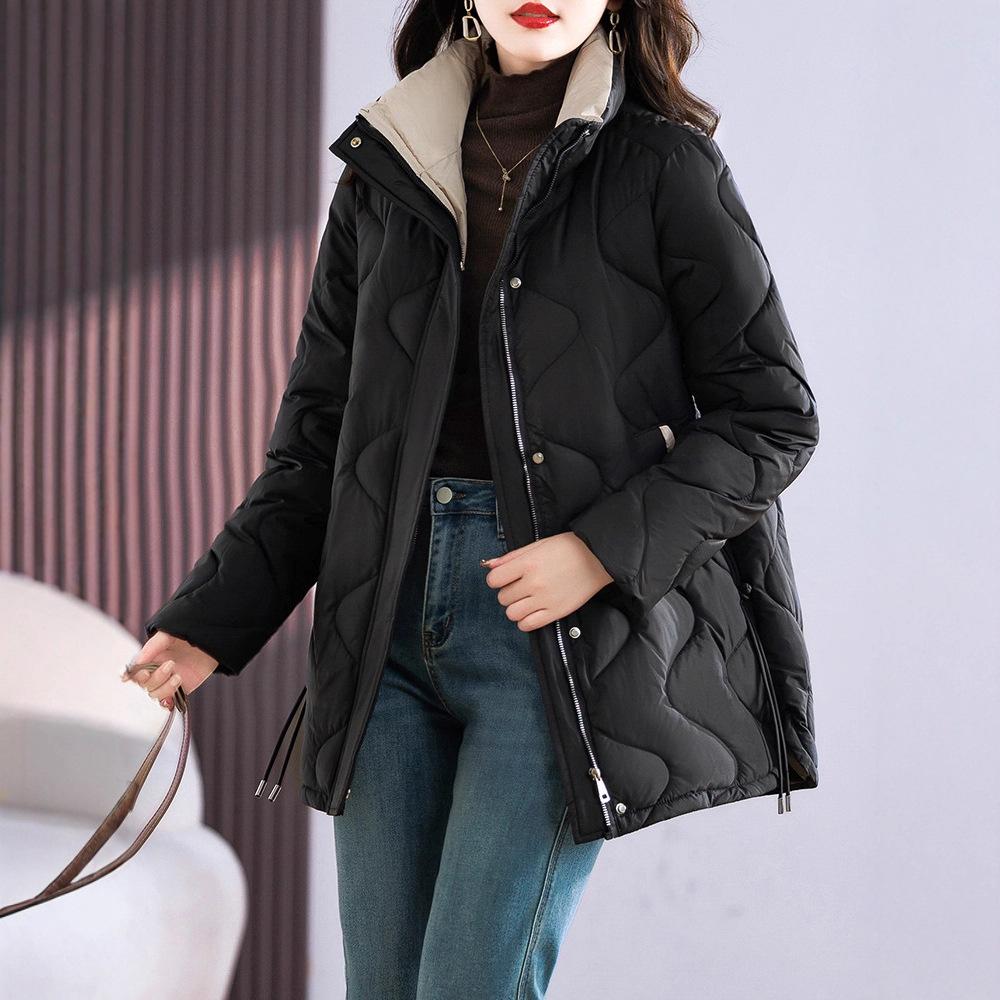 Stand-up collar without hat down cotton clothes women's medium and long warm loose large size middle-aged mother's new winter fashion coat