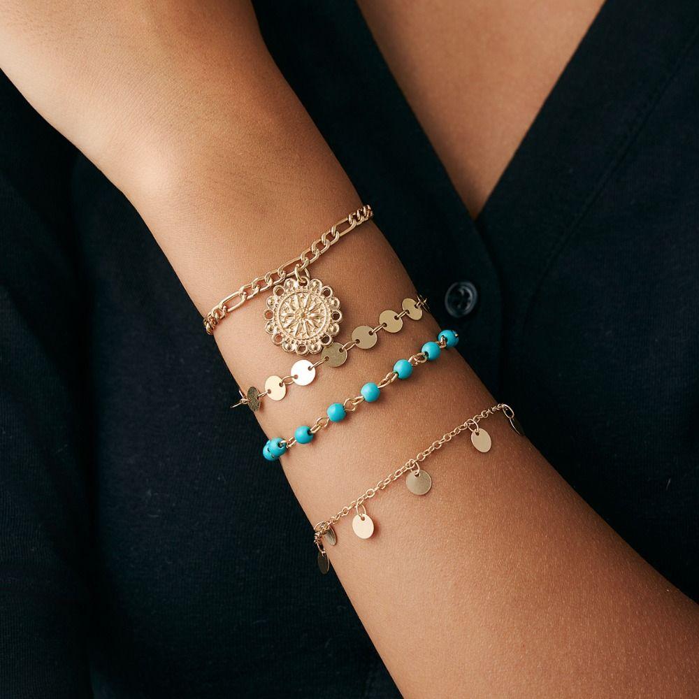 Necklace Set Turquoise Stone Necklace Golden Multi-layer Necklace Retro Jewelry Set  Girls