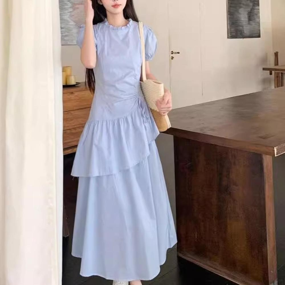 Blue short-sleeved dress women's summer new small man pleated and thin temperament cake dress