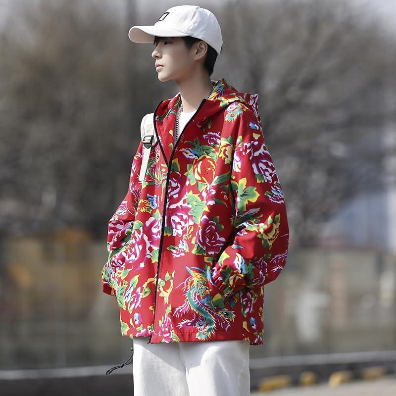 Rosesky Long with a Bright Floral Zipper Windproof and Chinese Street Available in Two Plus Sizes Men's Hoodie, Sleeve, Print, closure, Unisex,