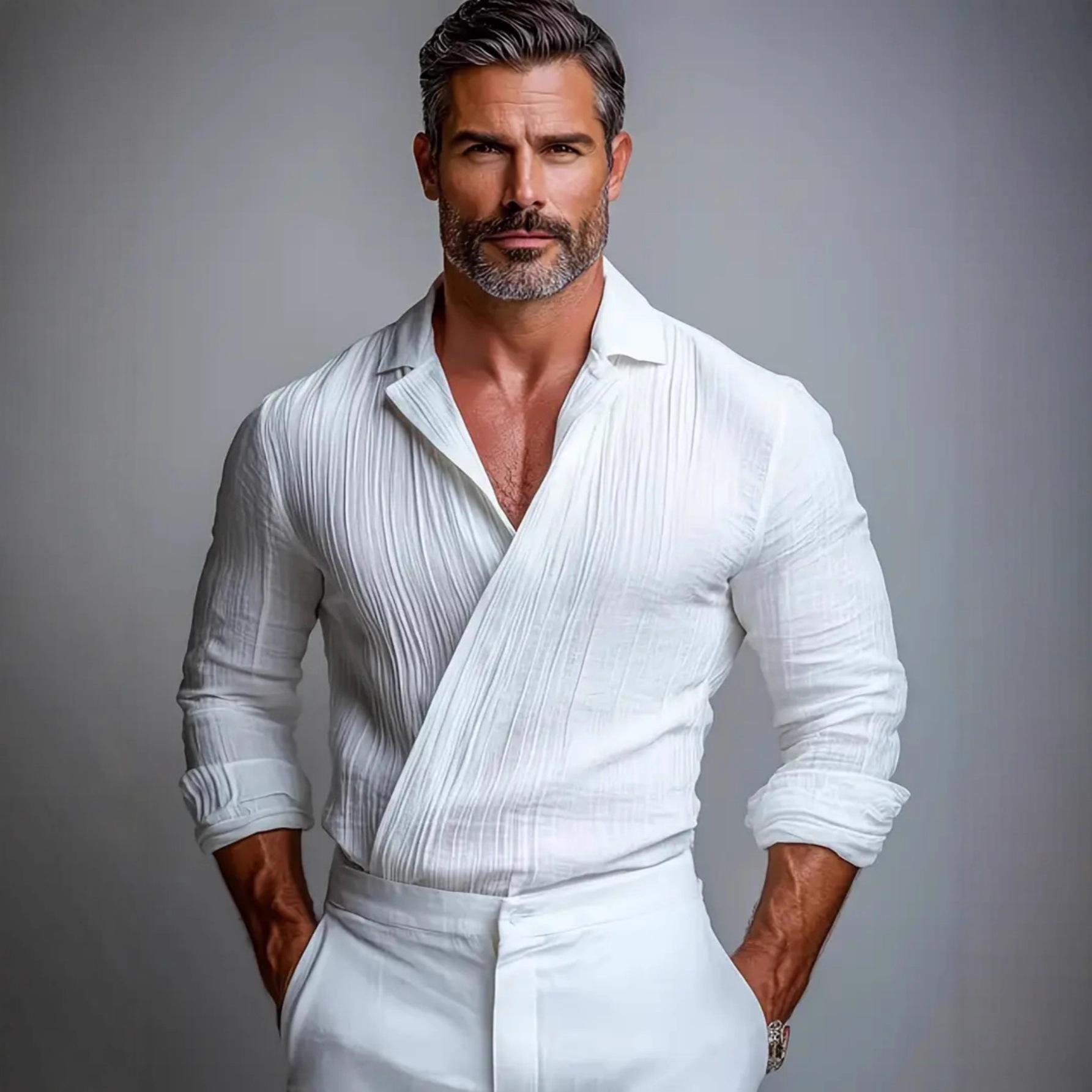 Mens Long Sleeve Cross Neck Pullover Shirt Vertical Texture Loose Fit Casual S