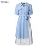 ZANZEA Women Summer Turn Down Collar Casual Patchwork Short Sleeve Dress