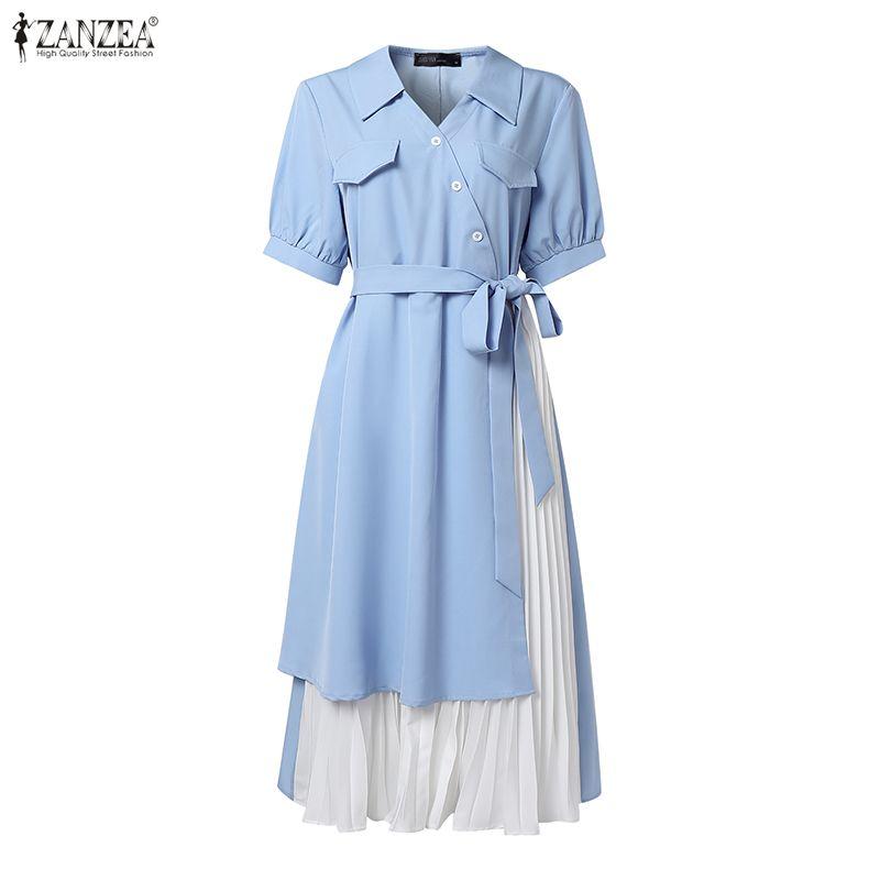 ZANZEA Women Summer Turn Down Collar Casual Patchwork Short Sleeve Dress