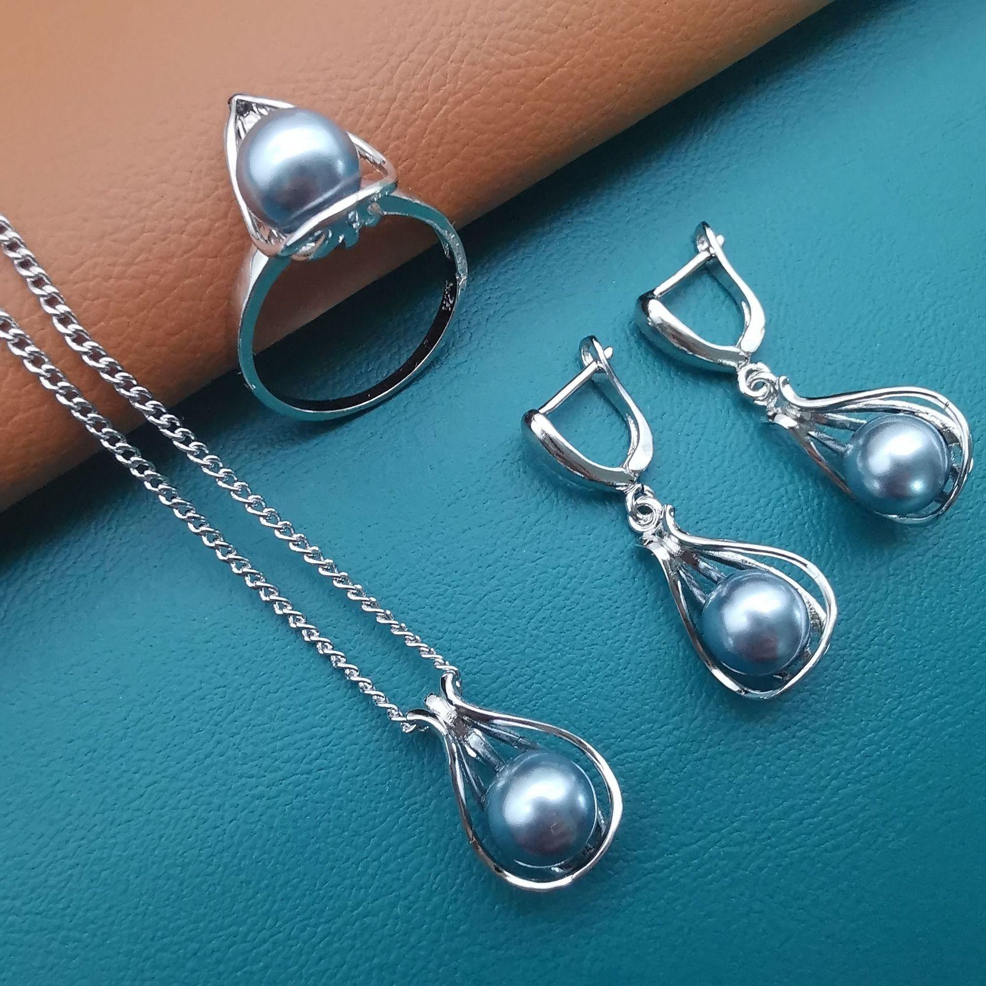 

Ювелирные изделия в японском и корейском стиле, простое жемчужное ожерелье с цепочкой из жемчужин 9 мм, серьги, кольцо, комплект из трех предметов Ring size 6