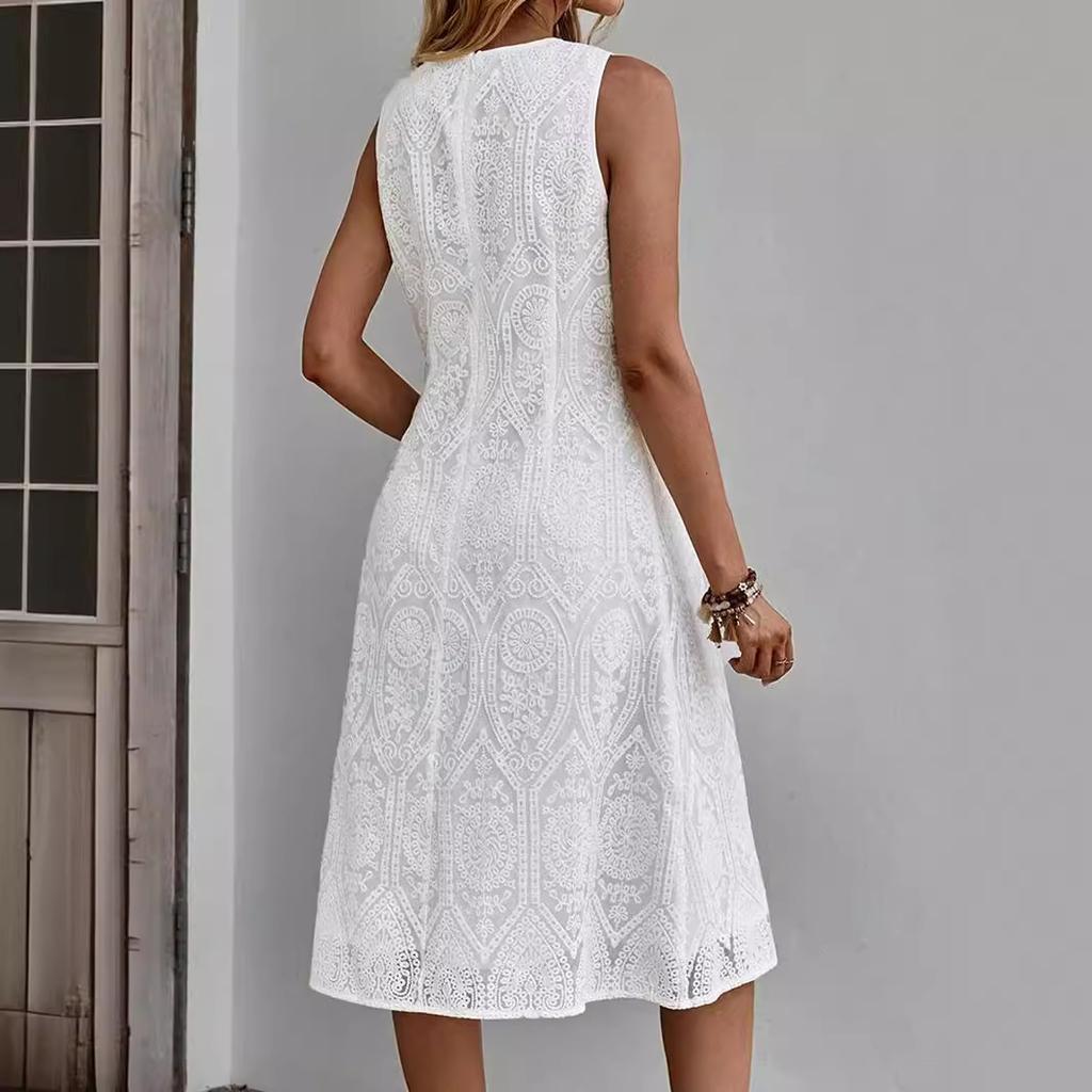 Sleeveless Crew Neck Lace Casual Dress European and American Autumn Women's Clothing Independent Station New