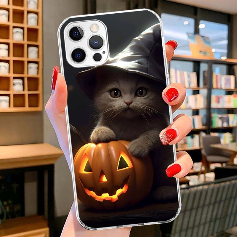 Black Kitten Halloween Pumpkin Cover Phone Case For iPhone 16 17 Air 15 14 Pro Max 16E Phone Case 13 Mini 12 11 7 SE 8 Print Pat
