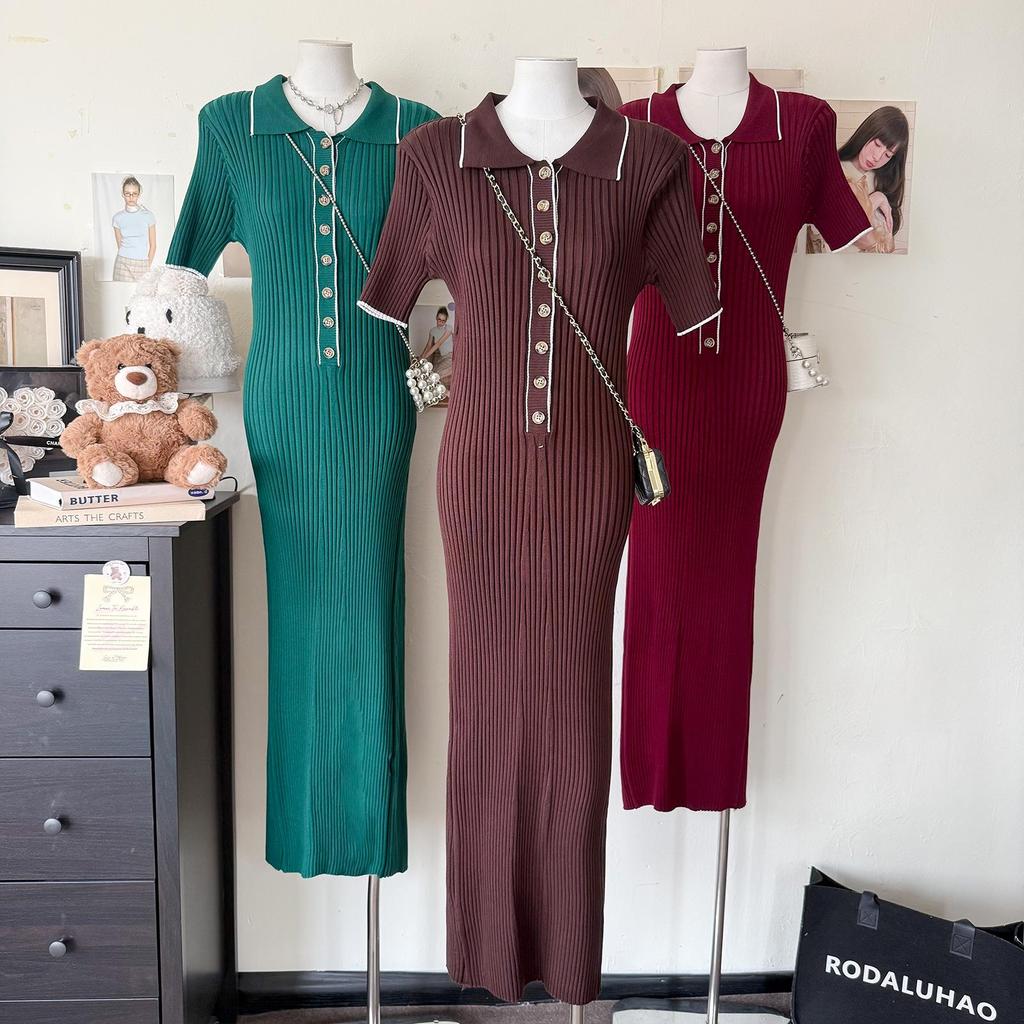 Women's Short Sleeve Turn-Down Collar Ribbed Knit Bodycon Dress - Spring/Summer 2025 European & American Style