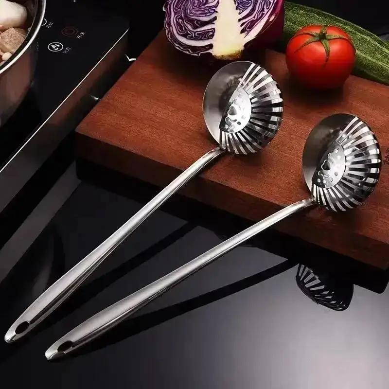 Kitchen Tableware Dual-use Soup Spoon Long Handle Stainless Steel Soup Ladle with Removable Filter Colander Utensils Scoop