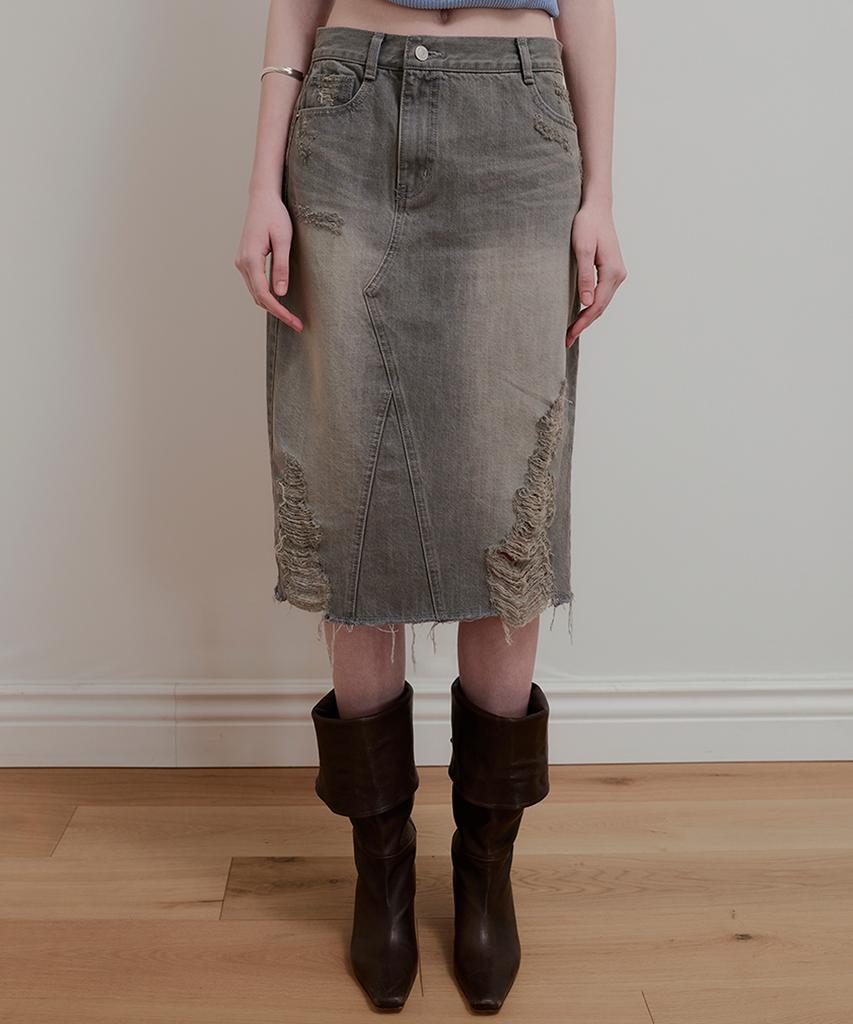 Aobteu Vintage Washed Denim Skirt - Gray