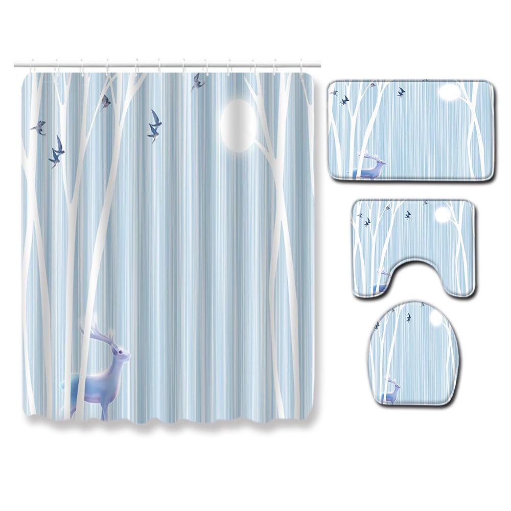 Gestreifte Quadratische Badezimmer Duschvorhang Bodenmatte WC-Deckel Fußmatte Vierteiliges Set