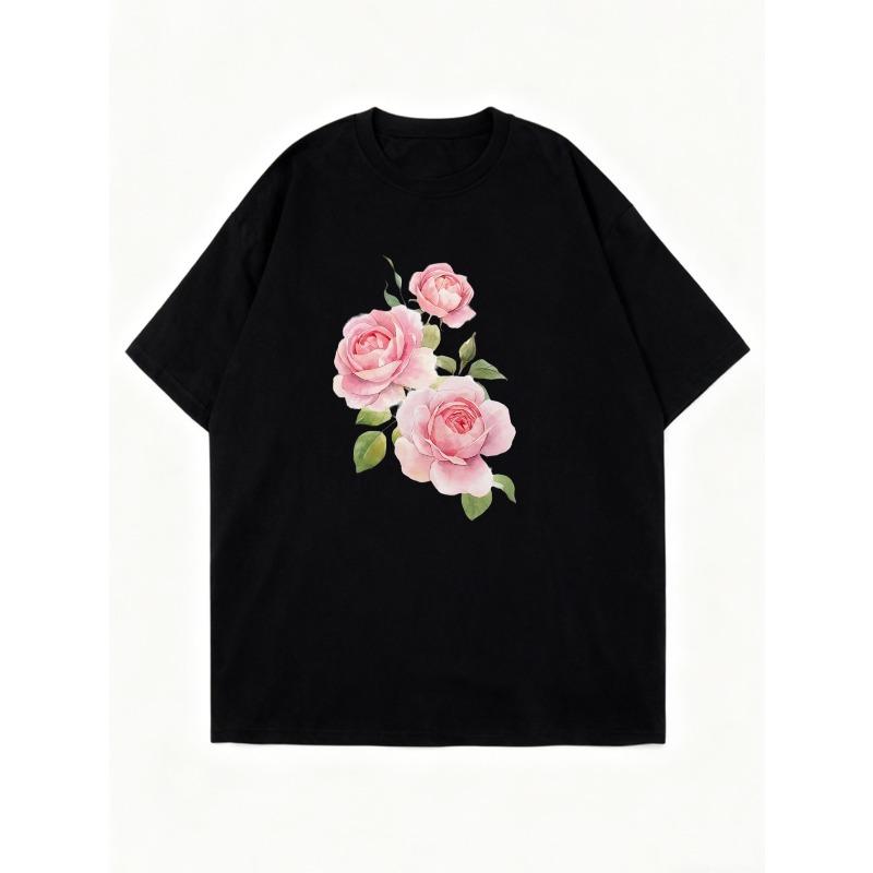 Oversized T-Shirt Black Rose Floral Print Casual Wear